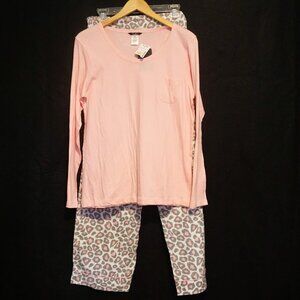Ava Rose Pink Animal Print Pajamas Flannel Lounge Pants Cotton Long Sleeve Top